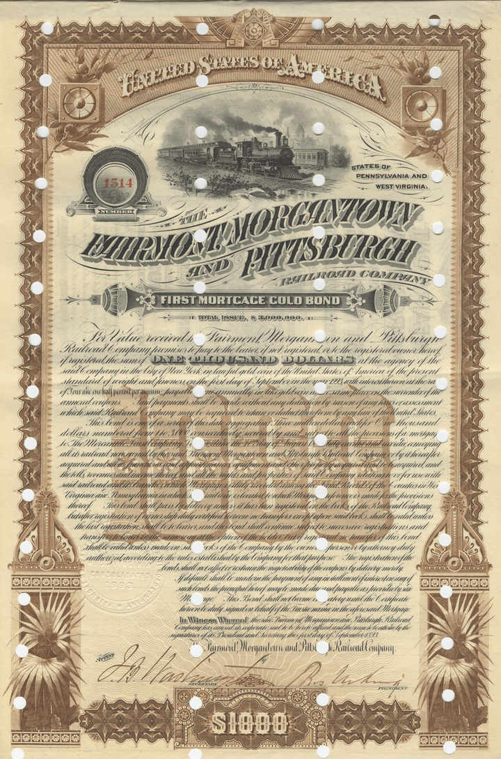 Fairmont, Morgantown and Pittsburgh Railroad Company Bond Certificate