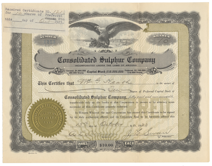 Consolidated Sulphur Company Stock Certificate