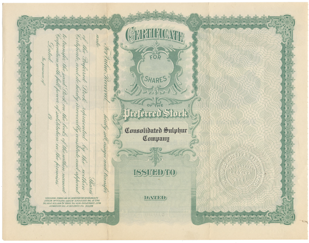 Consolidated Sulphur Company Stock Certificate