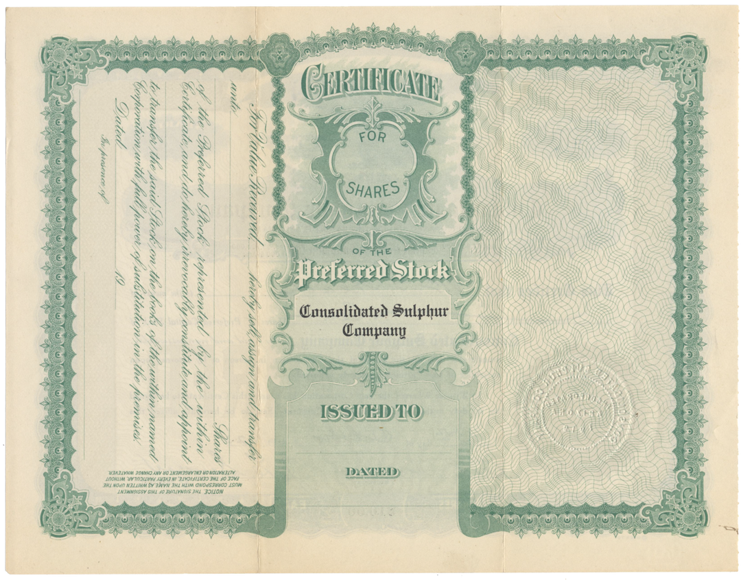 Consolidated Sulphur Company Stock Certificate