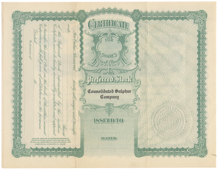 Consolidated Sulphur Company Stock Certificate