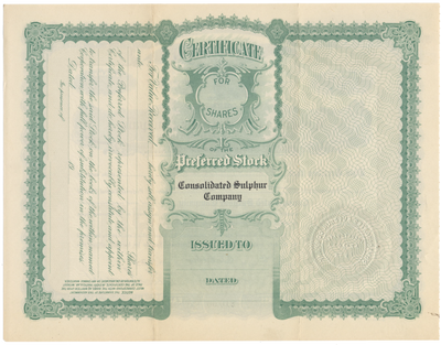 Consolidated Sulphur Company Stock Certificate