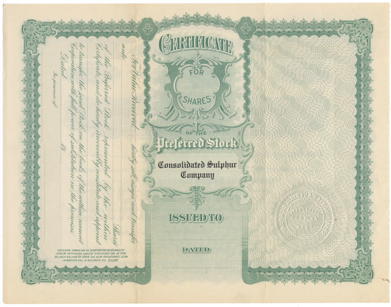 Consolidated Sulphur Company Stock Certificate