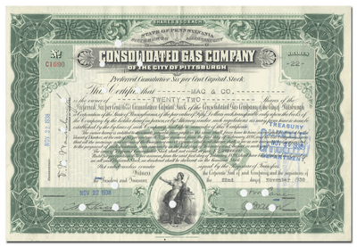 Consolidated Gas Company of the City of Pittsburgh Stock Certificate