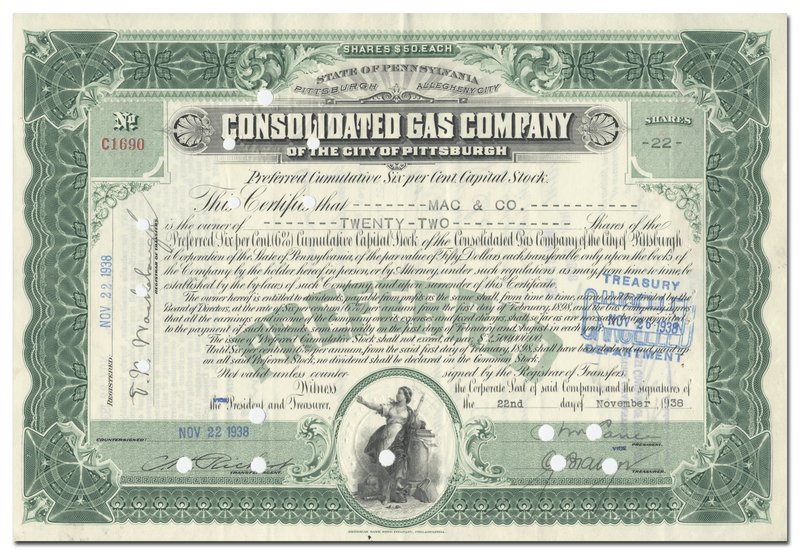 Consolidated Gas Company of the City of Pittsburgh Stock Certificate