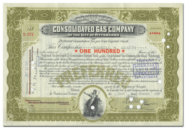 Consolidated Gas Company of the City of Pittsburgh Stock Certificate