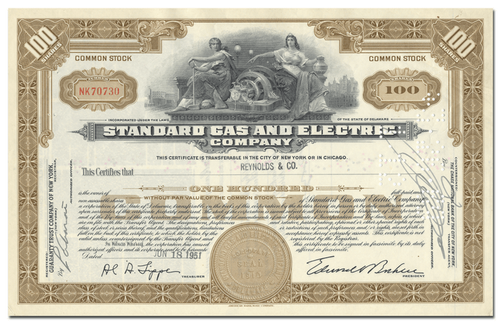 Standard Gas and Electric Company Stock Certificate