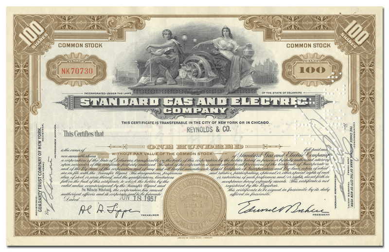 Standard Gas and Electric Company Stock Certificate