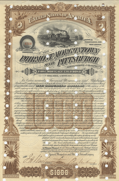 Fairmont, Morgantown and Pittsburgh Railroad Company Bond Certificate