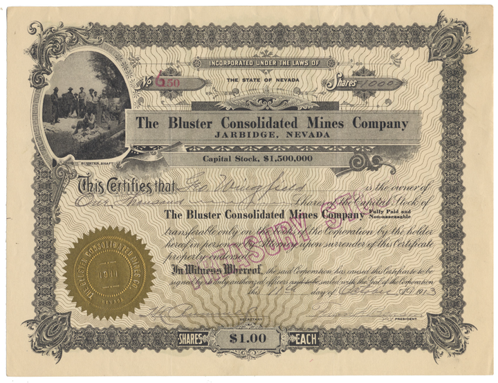 Bluster Consolidated Mines Company Stock Certificate Signed by George Wingfield