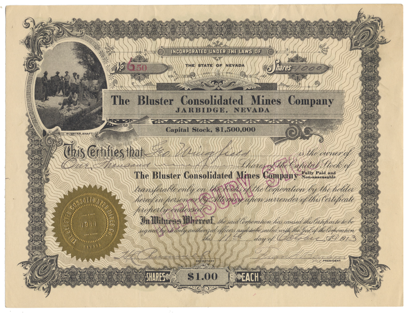 Bluster Consolidated Mines Company Stock Certificate Signed by George Wingfield