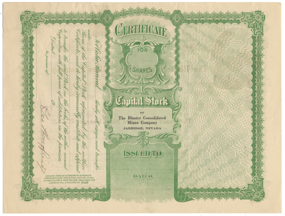 Bluster Consolidated Mines Company Stock Certificate Signed by George Wingfield