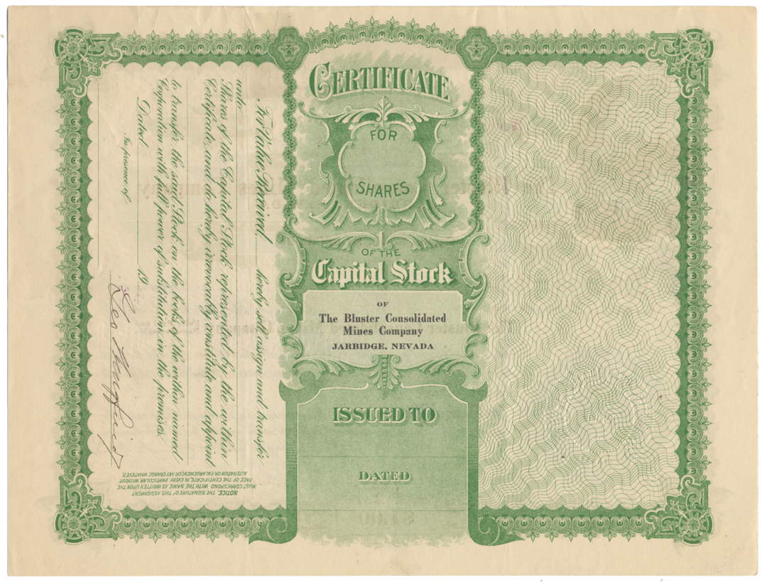 Bluster Consolidated Mines Company Stock Certificate Signed by George Wingfield