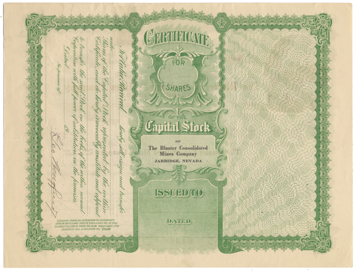 Bluster Consolidated Mines Company Stock Certificate Signed by George Wingfield