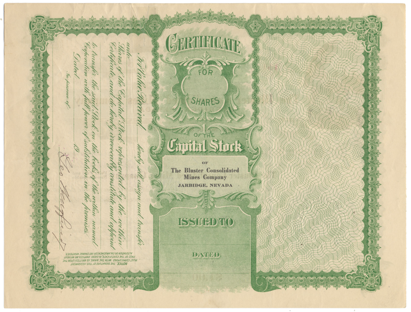 Bluster Consolidated Mines Company Stock Certificate Signed by George Wingfield