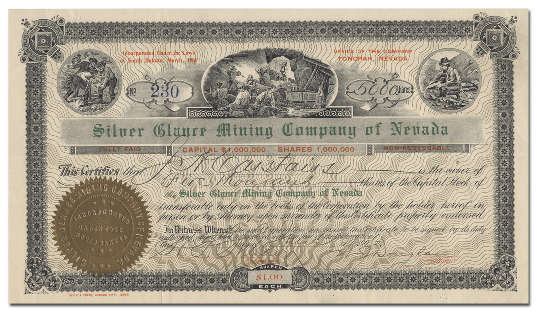 Silver Glance Mining Company of Nevada Stock Certificate