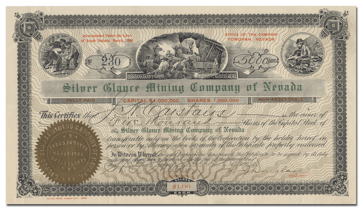 Silver Glance Mining Company of Nevada Stock Certificate