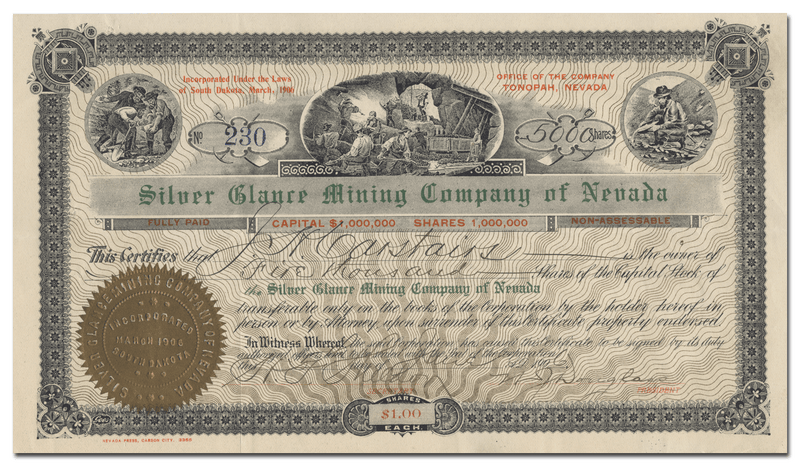 Silver Glance Mining Company of Nevada Stock Certificate
