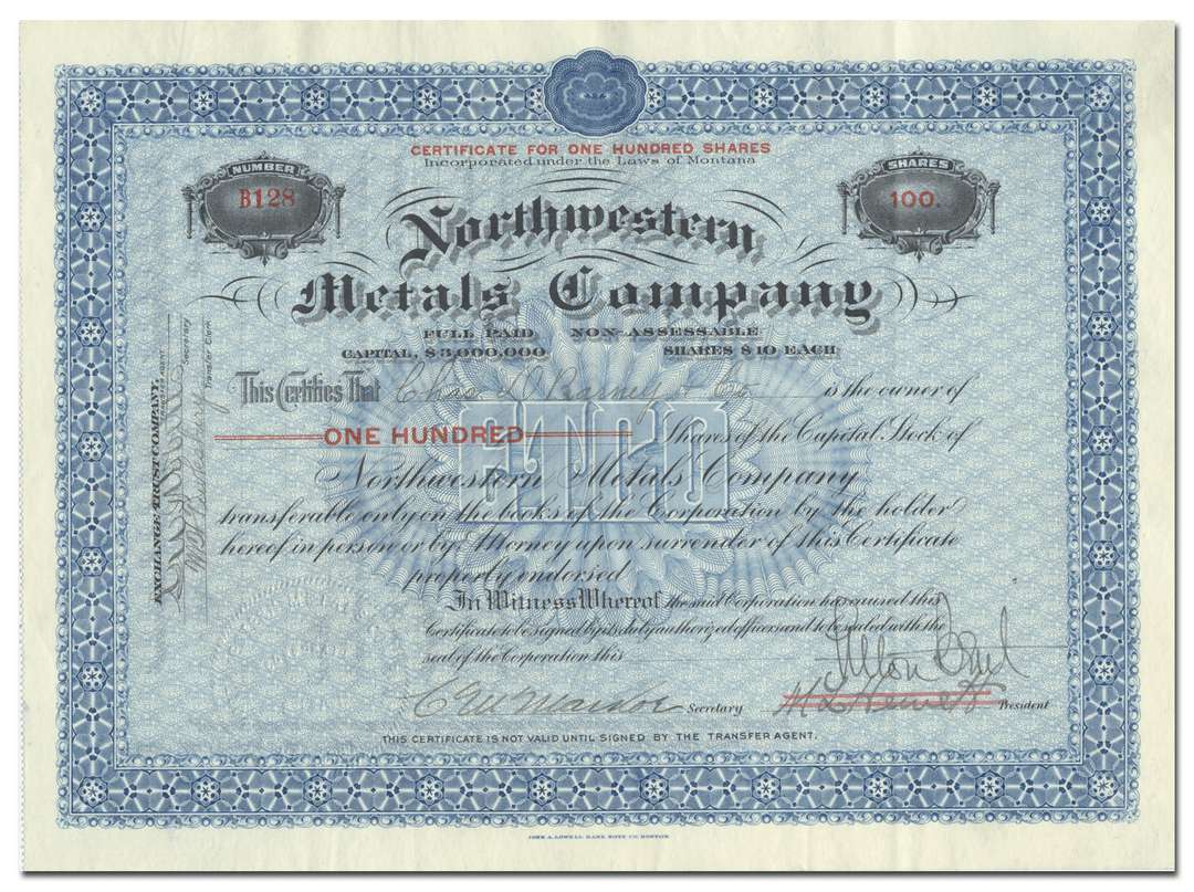 Northwestern Metals Company Stock Certificate