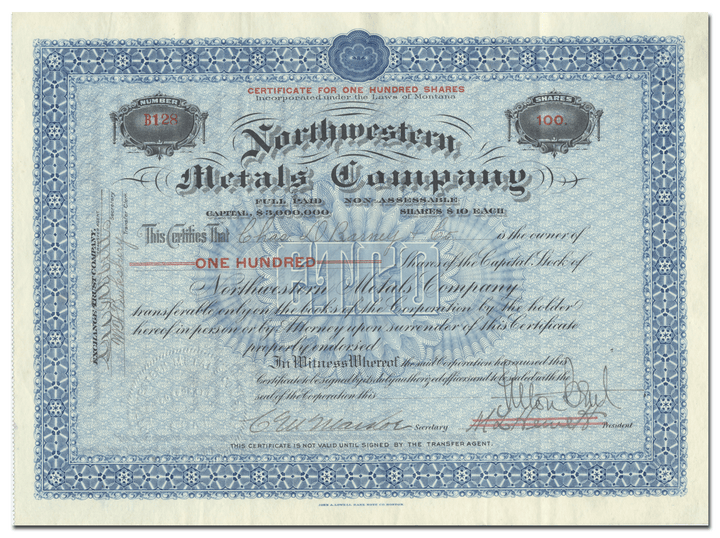 Northwestern Metals Company Stock Certificate