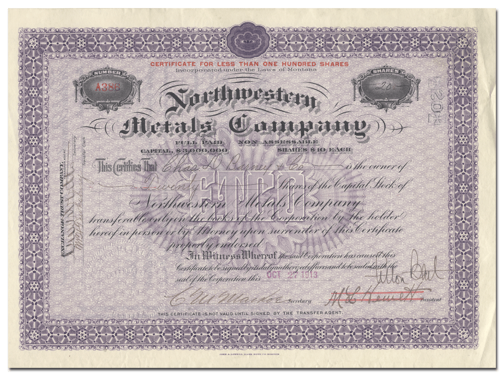 Northwestern Metals Company Stock Certificate