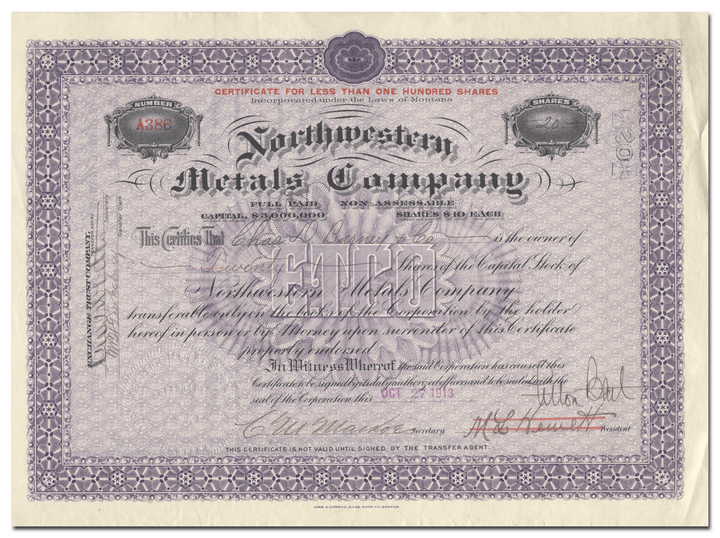 Northwestern Metals Company Stock Certificate