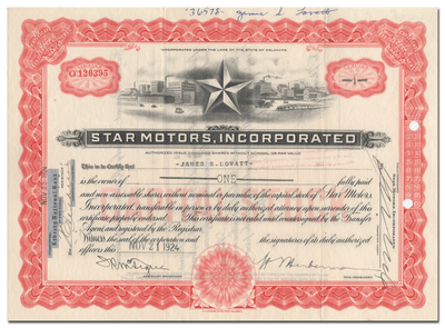 Star Motors, Incorporated Stock Certificate