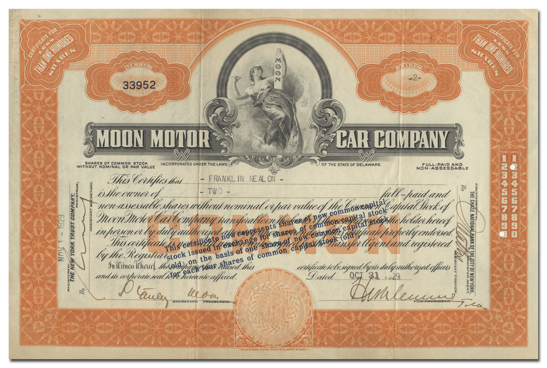 Moon Motor Car Company Stock Certificate