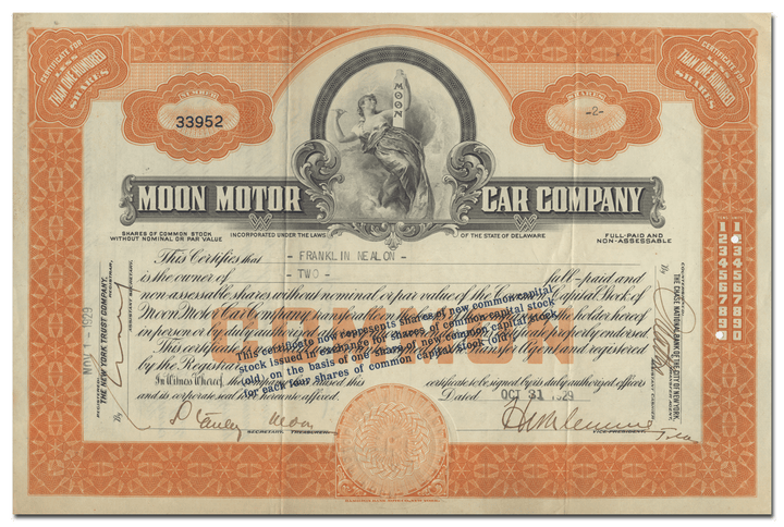 Moon Motor Car Company Stock Certificate