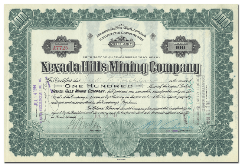Nevada Hills Mining Company Stock Certificate