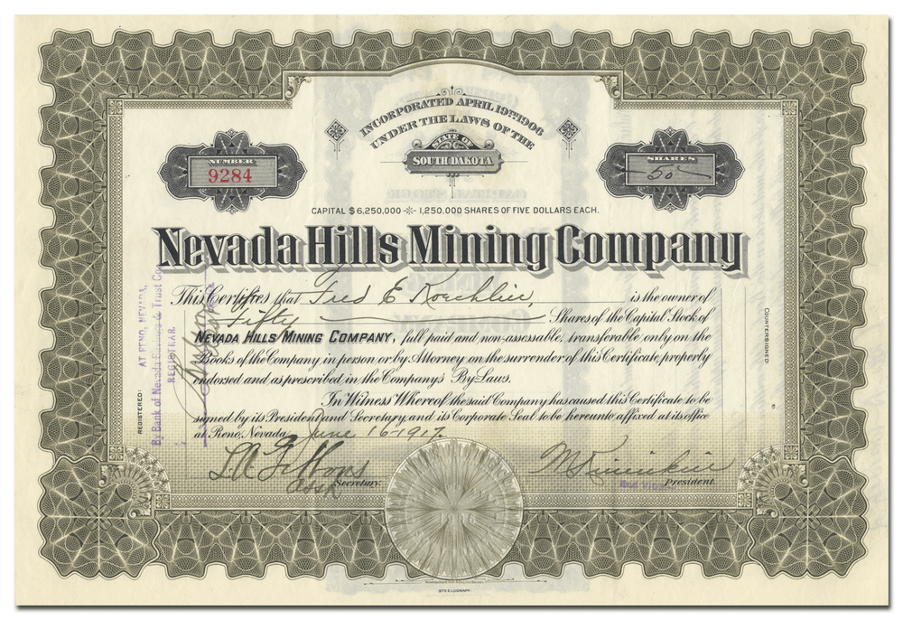 Nevada Hills Mining Company Stock Certificate