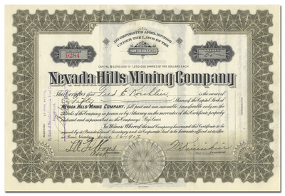 Nevada Hills Mining Company Stock Certificate