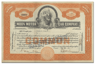 Moon Motor Car Company Stock Certificate
