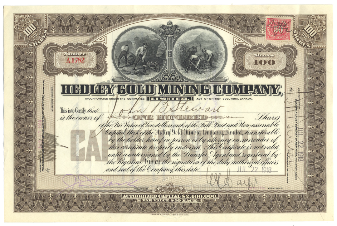 Hedley Gold Mining Company Stock Certificate