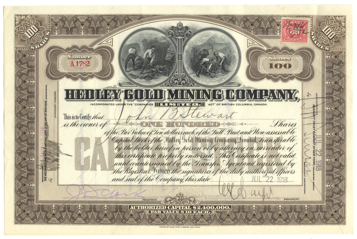 Hedley Gold Mining Company Stock Certificate