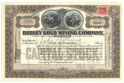 Hedley Gold Mining Company Stock Certificate