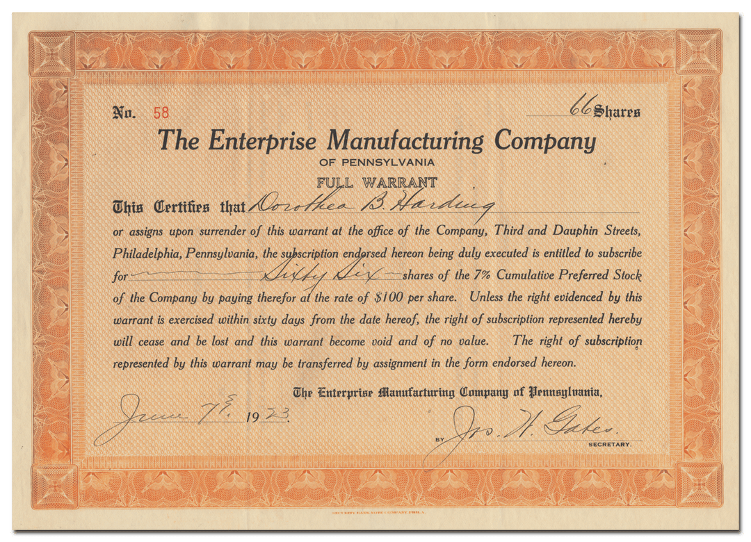 Enterprise Manufacturing Company of Pennsylvania Stock Certificate