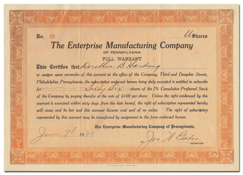 Enterprise Manufacturing Company of Pennsylvania Stock Certificate