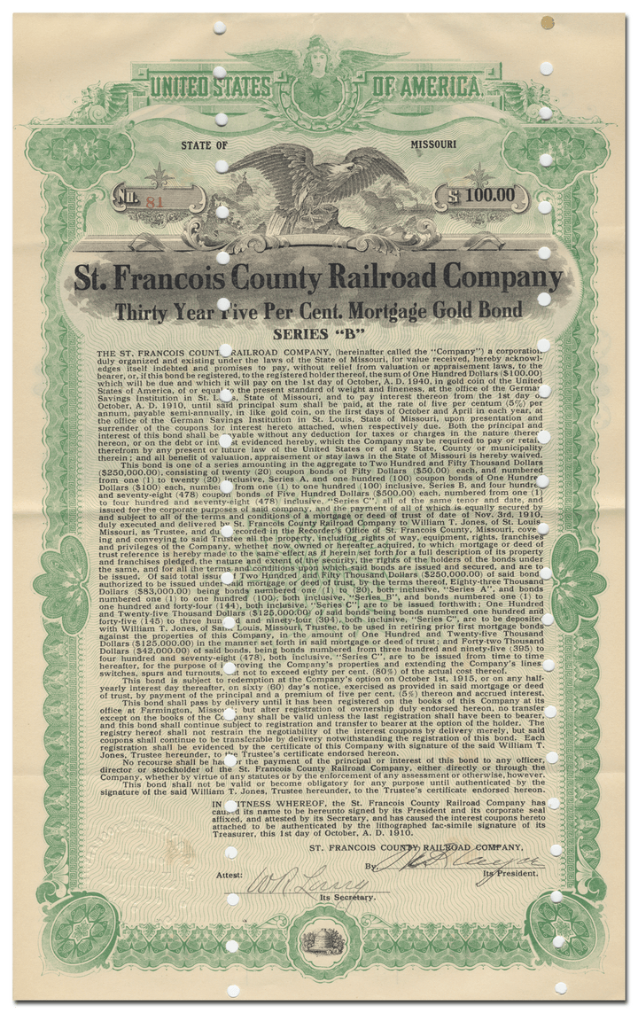 St. Francois County Railroad Company Bond Certificate