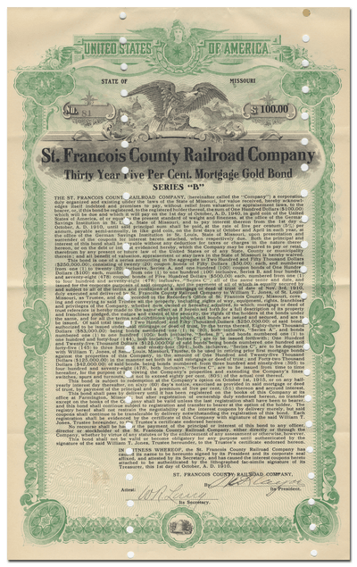 St. Francois County Railroad Company Bond Certificate