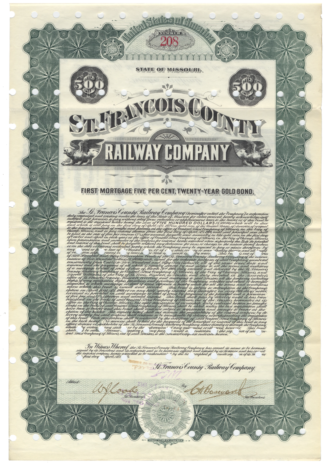 St. Francois County Railroad Company Bond Certificate