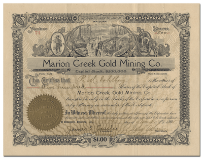 Marion Creek Gold Mining Co. Stock Certificate