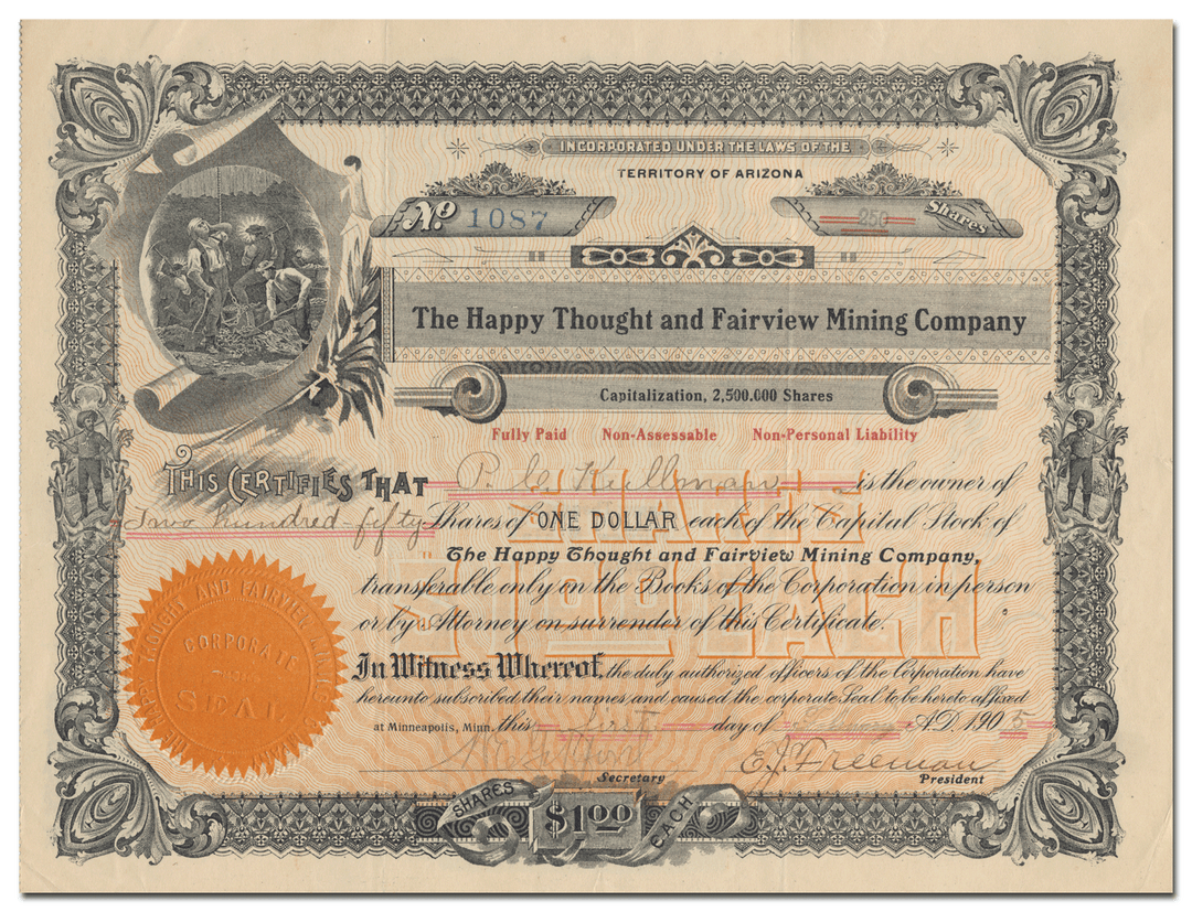 Happy Thought and Fairview Mining Company Stock Certificate