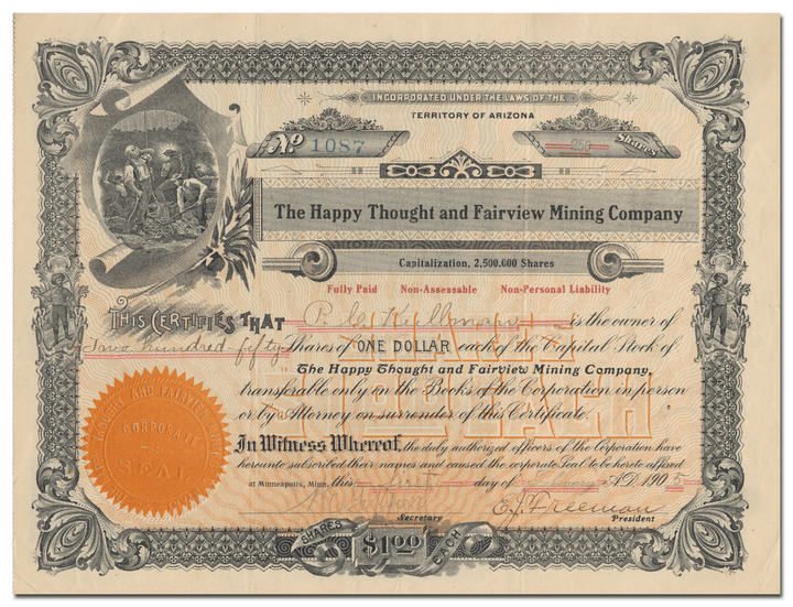 Happy Thought and Fairview Mining Company Stock Certificate