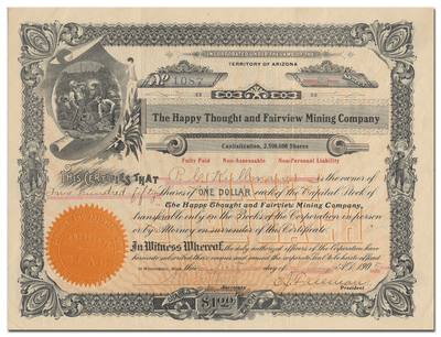 Happy Thought and Fairview Mining Company Stock Certificate