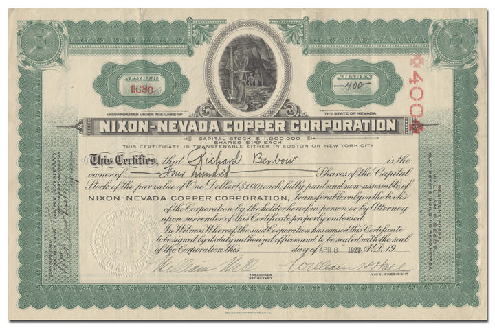 Nixon-Nevada Copper Corporation Stock Certificate