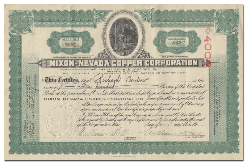 Nixon-Nevada Copper Corporation Stock Certificate