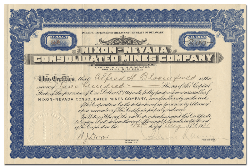 Nixon-Nevada Consolidated Mines Company Stock Certificate