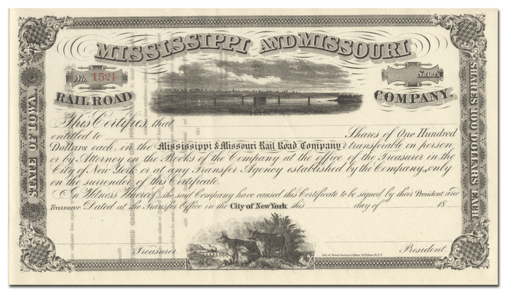 Mississippi and Missouri Rail Road Company Stock Certificate