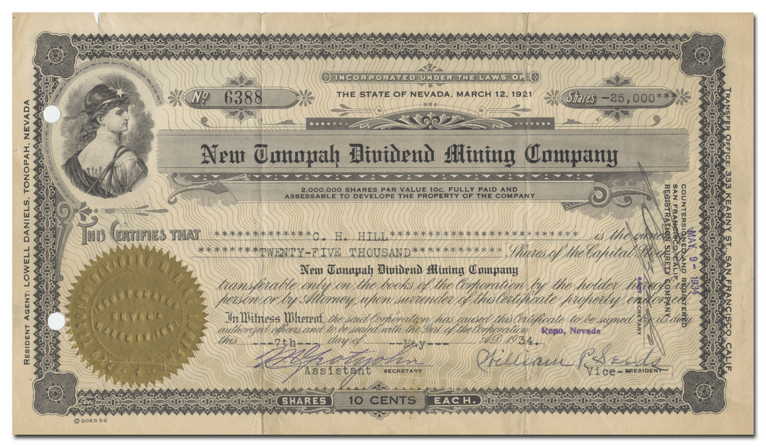 Tonopah Dividend Mining Company Stock Certificate